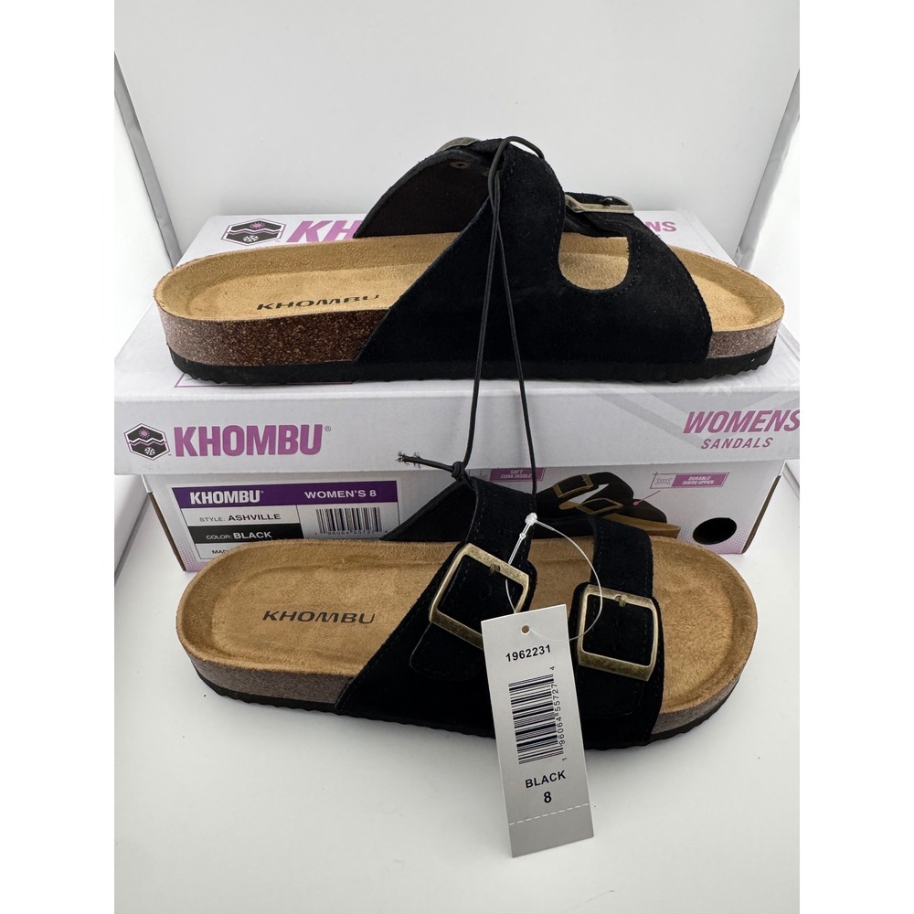 Khombu Ashville Sandals Women 8 Black NWT Suede Leather Buckle Slide Cork